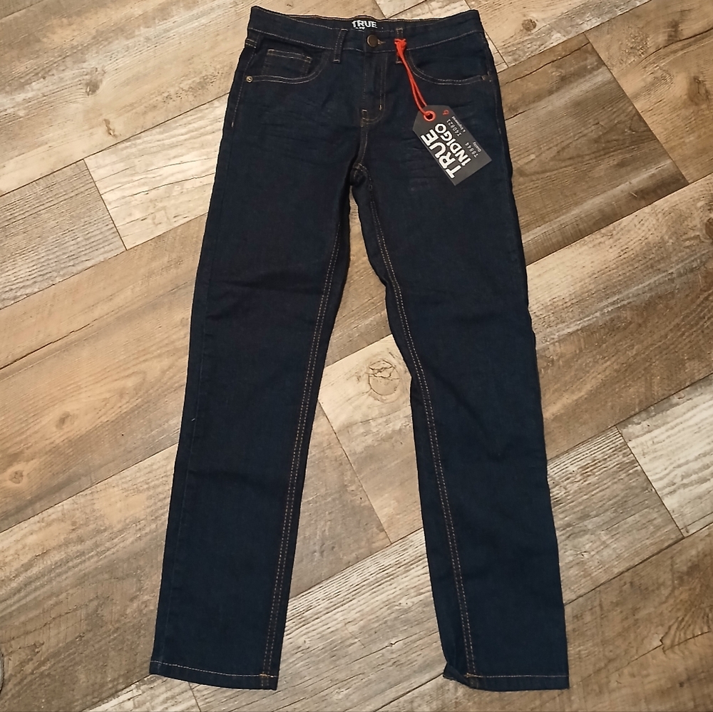 True Indigo Slim Straight Jeans in Dark Indigo with Contrast Stitching